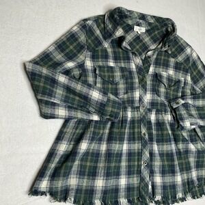 Entro Plaid Button Down Long Sleeve Tunic Shirt Women's Large Frayed Hem